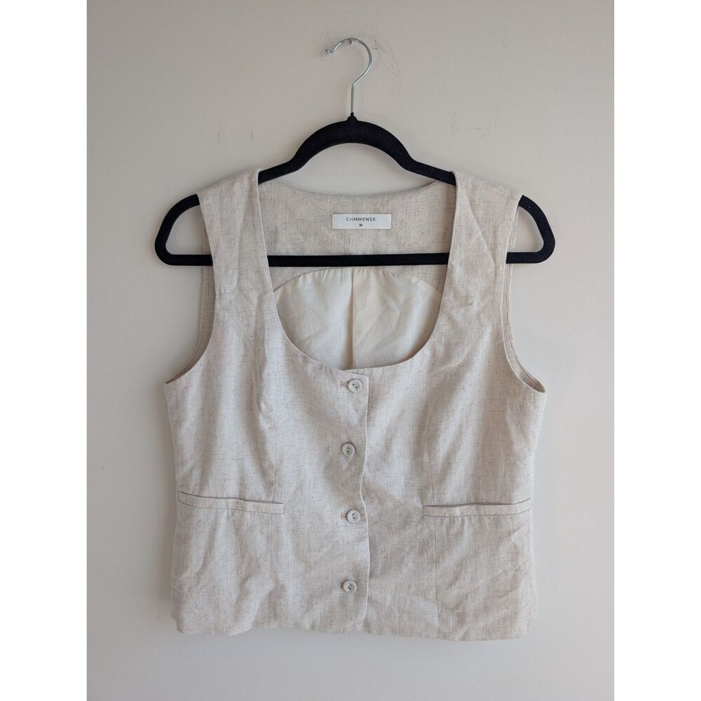 Commense Women's M Linen Blend Button Front Vest Cream Beige Tailored Waistcoat